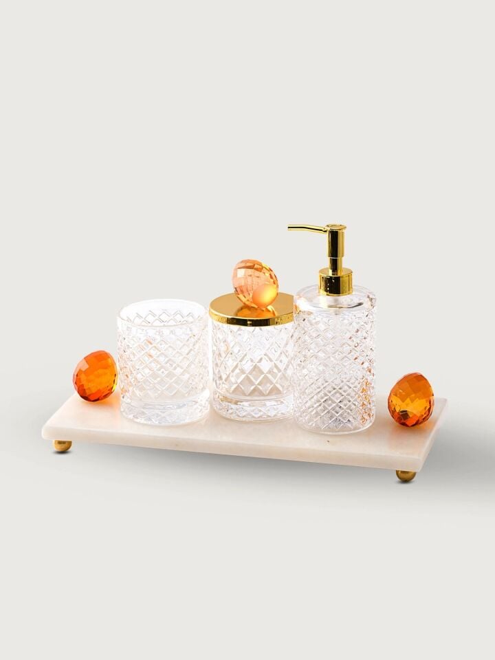 Cam Banyo Seti(Tepsi, Diş Fırçalık, Kutu, Katı Sabunluk, Sıvı Sabunluk)