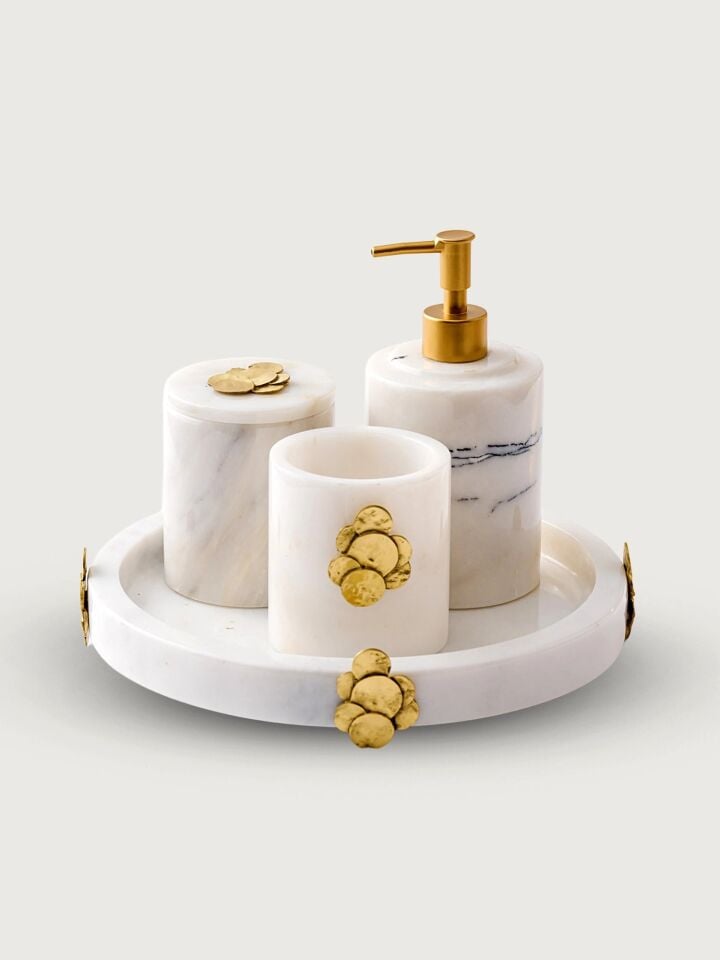 Yuvarlak Banyo Seti ((Tepsi, Diş Fırçalık, Kutu, Sıvı Sabunluk)